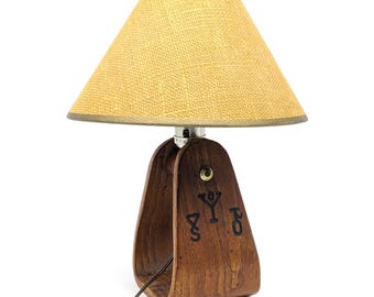 Vintage Wooden Stirrup Table Lamp | 1950s Fort Recovery Western Cowgirl Decor with Jute Shade | Unique Cattle Brand Accent Light Fixture