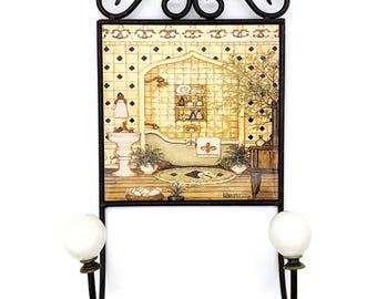 Vintage Toilet Towel Holder Tile Printed Wall Art by Janet Kruskamp | Elegant Bath Magazine and Towel Hanger Washroom Bathroom Wall Decor
