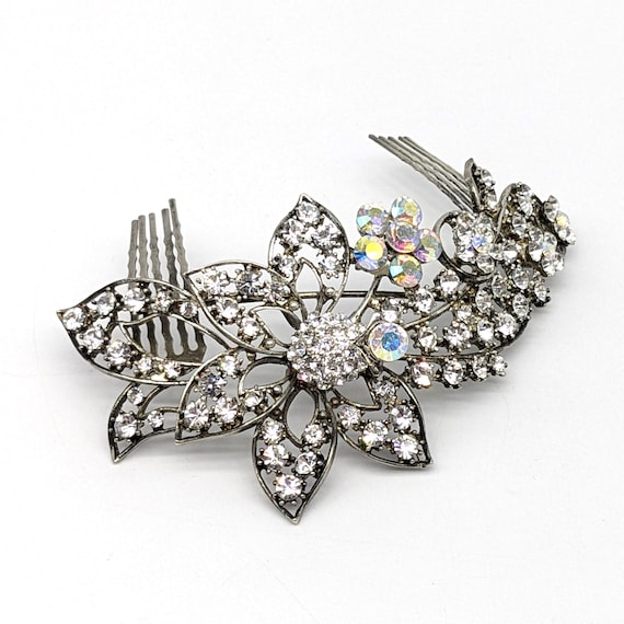 Vintage Rhinestone Flower Hair Comb: Aurora Borealis Bridal  display picture 3