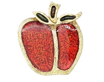 Vintage Apple Brooch Pin | Gold Tone Enamel Fruit Jewelry | Retro Teacher Gift & Fall Fashion Accessory | Statement Autumn Lapel Pin Style
