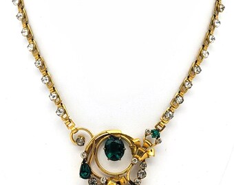 Art Noveau Vintage Necklace Gold and Green | Antique Style Gorgeous Necklace Signed FSGV | Rhinestones Gemstones Necklace