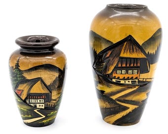 Vintage Wooden Handmade Vases Set of 2 | Handarbeit Germain Black Forest Painted Wood Small Vases | Hand carved and Painted Wooden Vase 3D