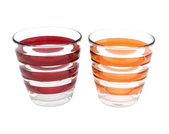 Vintage Excelsa Porto Cervo Italian Glasses | Red Orange Striped Set of 2 Drinking Cups | Retro MidCentury Colorful Barware Decor Drinkware