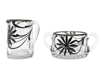 1930s Real Silver Overlay Glass Creamer & Sugar Set | Art Deco Floral Design | Handcrafted Sterling Silver Electroplated Glassware Vintage