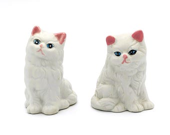 White Cat Figurines Bisque Faith Hope Set of 2 Cats | Kitty Persian Cats Kitten Miniatures | Porcelain Cats Statues Collectible Cat Decor