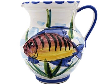 Italian Pitcher Vietri "Al Mare" Hand Painted Fish Design| Vintage Ceramic Majolica Made in Italy |Coastal Decor Pottery Jug or Flower Vase