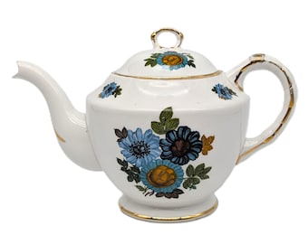 Teapot Bone China White Blue Floral Gold | Sutherland Staffordshire England Vintage 4 cups