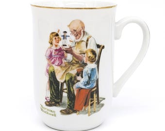 1982 Norman Rockwell The Toymaker Mug |Vintage Collectible Porcelain Coffee Cup |Gold Trim Art Scene Mug |Giftable Nostalgic Decor Drinkware