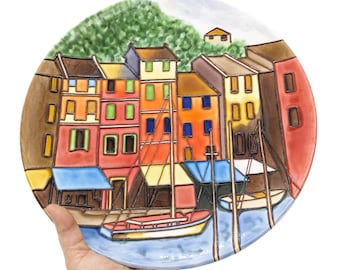 Vintage Plate City Boat Scene Bright Colors | Large Decorative Ceramic Plate Colorful | 12" Handmade Display Plate Serving Dish Home Decor