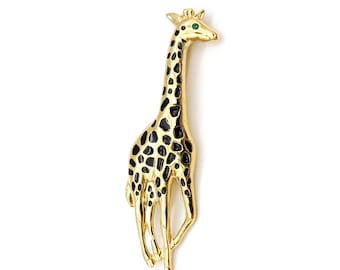 Vintage Giraffe Brooch Gold Tone Enamel Green Rhinestone Eye | Cute Brooch Girafe Animal Jewelry Pin | Giraffe Pin Gold and Black Brooch