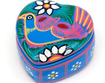 Mexican Tonalá Style Heart Trinket Box | Hand Painted Terracotta Bird & Flower Design | 3.5 in 8.9 cm | Vintage Folk Art Decor