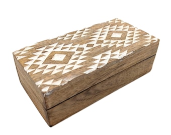 Indian Mango Wood Keepsake Box | White Carved Geometric Lid | Hinged Brown Decorative Storage Box