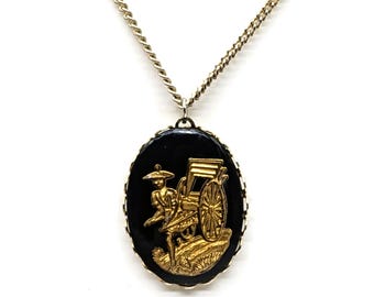 Vintage Asian Glass Pendant Necklace | Antique German Intaglio Rickshaw Cameo | Shakudo Inspired Black & Gold MidCentury Jewelry | Rare