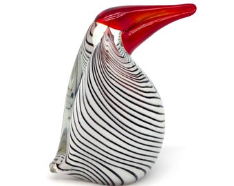 Murano Style Glass Bird Figurine: Black & White Stripes, Red Beak, 1970s Art Glass