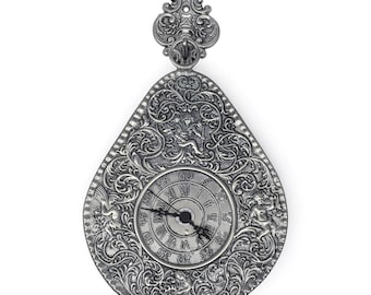 Vintage Pewter Wall Clock by Berendsohn | Teardrop Shaped German Quartz Clock with Angels & Griffin Relief | Collectible Battery Decor 1960s