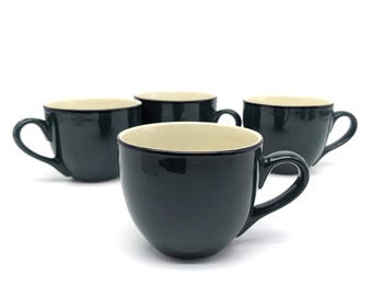 Vintage Dark Green & Beige Ceramic Coffee Mugs Set of 4 | 10 oz Capacity Elegant Retro 2000s Tea Cups | Unique Gift and Collectible Idea