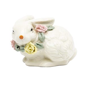 Vintage Porcelain Bunny Figurine with Floral Collar | Hand Painted Easter Rabbit Decor | Adorable Collectible Art Pottery for Home Display