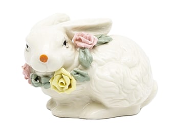 Vintage Porcelain Bunny Figurine with Floral Collar | Hand Painted Easter Rabbit Decor | Adorable Collectible Art Pottery for Home Display