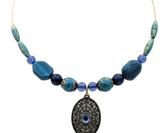 Wire Hoop Beaded Chocker Necklace Avon NWT | Romantic Boho Chic Signed NWT Avon Pendant Necklace Adjustable | Designer Teal Beaded Choker