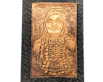 1970s Wooden Framed Copper Art From Chile | Hammered Copper Mapuche Woman Chile Folk Art Wall Decor | Chilean Copper Plate Embossed Wall Art