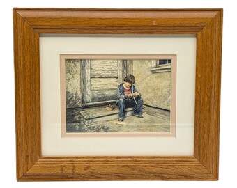 Vintage Len Gibbs Print: Boy Building Model Airplane, Oak Frame