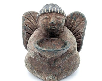 Very Rare Sculpture Candle Holder Angel | Handmade Terracotta Peruvian One of a Kind Angel Candle Holder Folk Art |Vintage Pottery Sculpture