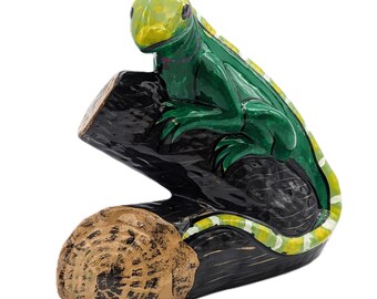Green Lady Lizard Figurine Ceramic Mexican Statue |Colorful Gecko Lizard Figure Folk Art Handpainted | Pottery Lizard Iguana Sculpture Decor