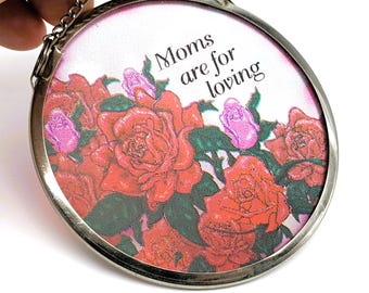 Vintage Glass Suncatcher Red Roses | 'Moms Are for Loving' Stained Glass Decor | Mother's Day Gift or New Moms Gift | Window Wall Car Decor