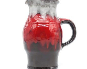 1970s Red Ceramic Jug Canadiana Pottery | Pottery Drip Glaze Handled Pitcher MCM Canadian Art | Shiny Red Mid-Century Modern Lava Vase