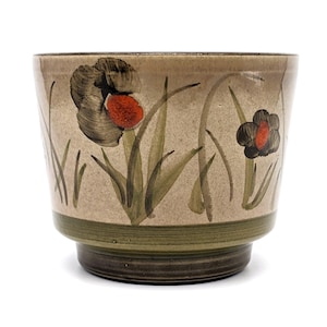 Vintage Hand-Painted Floral Ceramic Green Brown Planter | Boho Stoneware Flower Pot Mid Century Decor | Approx 4 in Unique Accent Piece