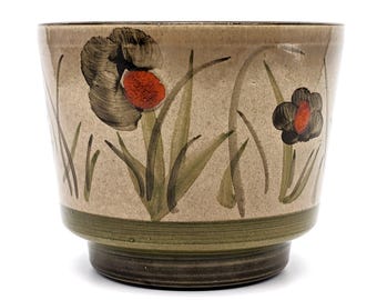 Vintage Hand-Painted Floral Ceramic Green Brown Planter | Boho Stoneware Flower Pot Mid Century Decor | Approx 4 in Unique Accent Piece