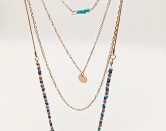 Multi-strand Necklace Colorful Beads Pendants | Vintage Adjustable Gold Color 4 Layered Necklace | Multilayer Boho Necklaces Mini Leaves