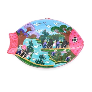 Mexican Fish Story Plate Folk Art | Terracotta Clay Fish Shape Wall Decor | Wall Hanging Plate Pink & Blue | Fish Platter Colorful Mexican