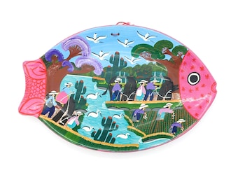 Mexican Fish Story Plate Folk Art | Terracotta Clay Fish Shape Wall Decor | Wall Hanging Plate Pink & Blue | Fish Platter Colorful Mexican