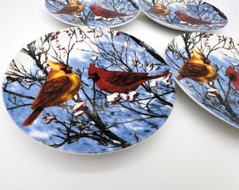 Porcelain Plate Set Cardinal Bird for Winter Bird Lovers Vintage Plates for Dining Decor Nature Inspired Bird Table Setting Bird Lovers Gift