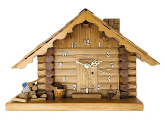 Vintage Handmade Miniature Log Cabin Wood Clock | Rustic Cottage Chalet Decor | Artisan Signed 1988 BC | Wall or Tabletop Quartz Cabin Clock