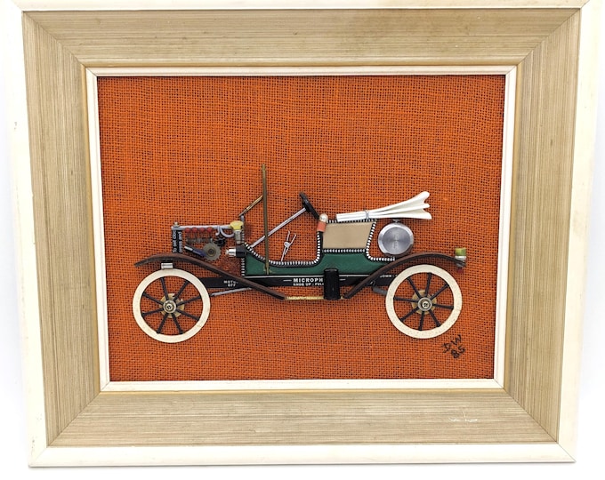 Featured listing image: Vintage Wall Art Ford T 1911 Car Mixed Media in Frame | Framed 3 Dimensional Car Collage Folk Art  | Creative Hanging Art Signed DW Orange