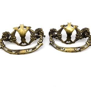 Può includere: Due tiretti per cassetti in ottone antico con decorazioni floreali ornate. I tiretti hanno una forma curva e un'apertura centrale.