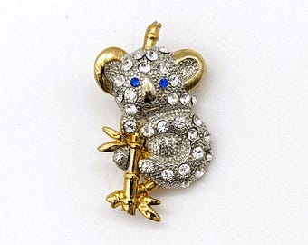 Vintage Koala Bear Brooch Gold Silver Blue Eyes Tones | Rhinestone Crystals Covered Koala on Bamboo Jewelry | Koala Lovers Brooch Cute Fun