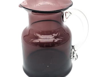 Vintage Purple Glass Pitcher with Clear Handle | Hand-Blown Wine Color Glass Jug | Mid-Century Art Glass Vase 32 oz Serveware Purple Jug