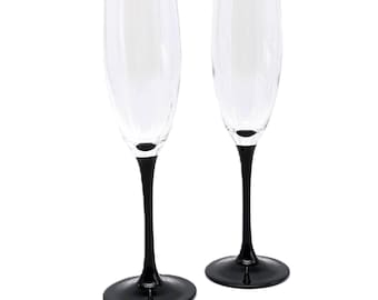 Luminarc Black Stem Champagne Glasses Flutes Vintage 1970s | MCM Glassware from France | Elegant 2 Piece Set Collectible Drinkware