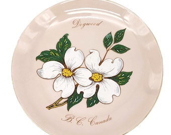 Vintage Midcentury Pink Dogwood Plate | BC Canada Souvenir | White Flower Decor | Cottagecore Kitchen | Collectible 1950s Floral Dish