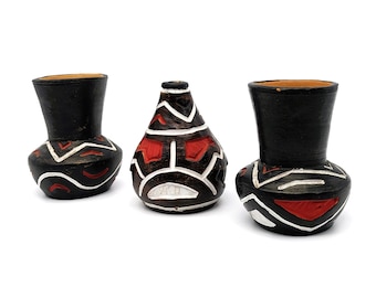 Rare Vintage Marajoara Ceramic Vase Set of 3 | Handcrafted Earthenware Clay Vases with Bold Indigenous Geometric Art | Brazilian Home Decor