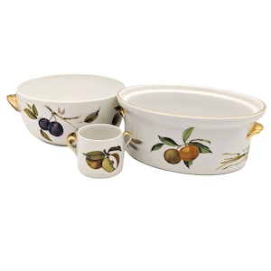 Vintage Royal Worcester Evesham set van 3 stuks | 2 stoofschotels 1 suikerpot | Vormen 24, 29, 26 Worcester | Porseleinen servies uit 1960, Engeland