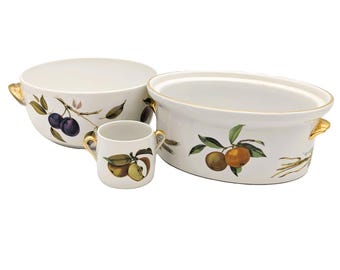 Vintage Royal Worcester Evesham Set of 3 Pieces | 2 Casseroles 1 Sugar Bowl | Shapes 24, 29, 26 Worcester | 1960 Porcelain Dishware England