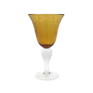Vintage Hand Blown Glass Goblet Amber Clear | Wine Cup Bubble Glass Honey Amber | Water Large Bell Shaped Goblet Hand Crafted Bubble Glass