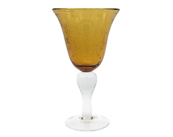 Vintage Hand Blown Glass Goblet Amber Clear | Wine Cup Bubble Glass Honey Amber | Water Large Bell Shaped Goblet Hand Crafted Bubble Glass