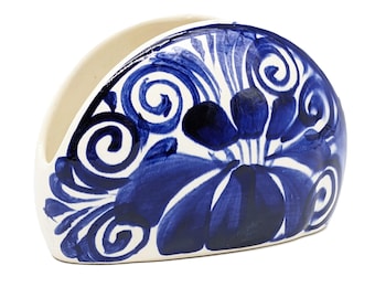Vintage Cobalt Blue Ceramic Napkin Holder | Mexican Talavera Blue Flower and White Napkin Holder | Pottery Mexican Folk Art Kitchen Decor