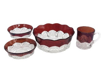Antique 1910 Ruby Red Glass Souvenir Set of 4 | Handcrafted Bowls and Mug with Classic Inscriptions | Rare Canadian Travel Home Decor