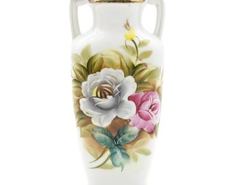 Japanese Porcelain Rose Vase Gold Rim | Vintage Hand Painted Rare Flower Vase 8" | Collectible Floral Decor Unique China Vase Made in Japan